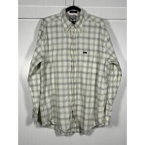 Faconnable Men's Off White Plaid Long Sleeve Button-up Shirt - PRELOVED - Size L